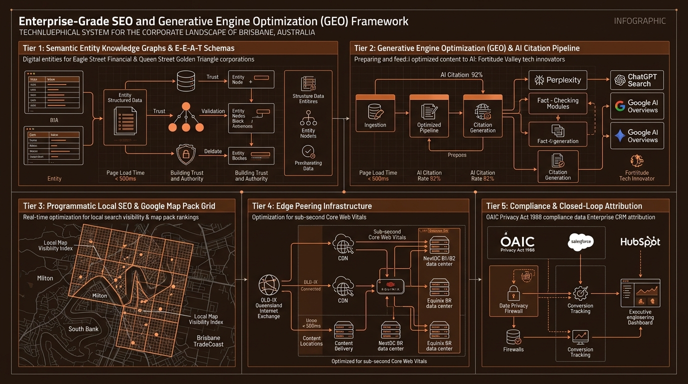 SEO and Generative Engine Optimization in Brisbane Technical Architecture Infographic