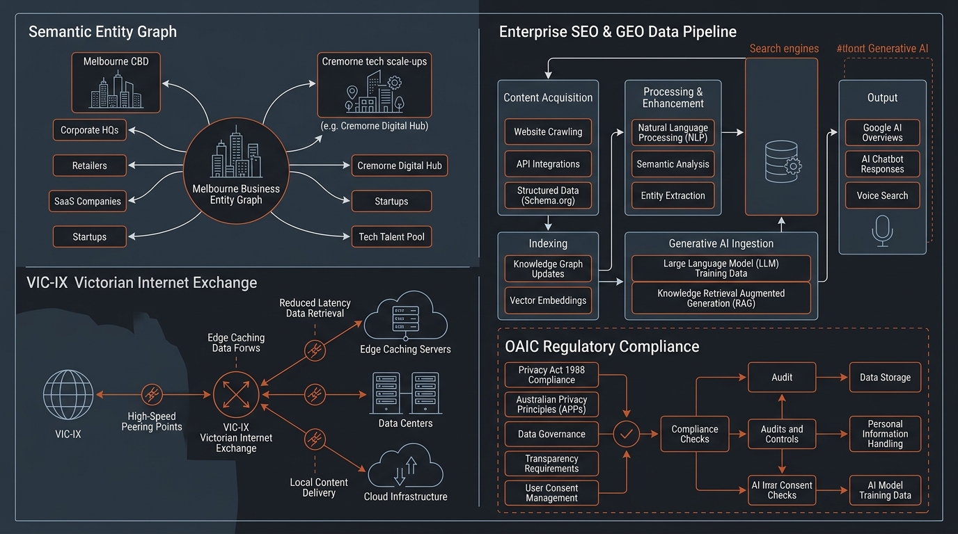 SEO and Generative Engine Optimization in Melbourne Technical Architecture Infographic