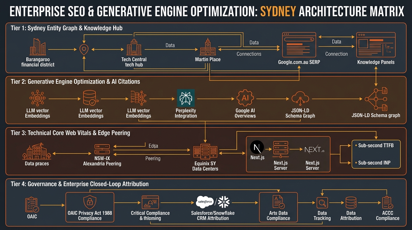 SEO and Generative Engine Optimization in Sydney Technical Architecture Infographic